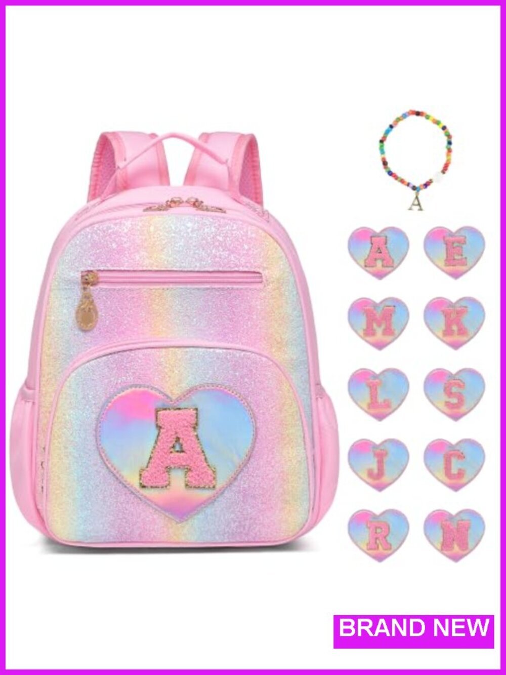 Personalized Glitter Kids Backpack with Initial Pink Bookbag School Travel